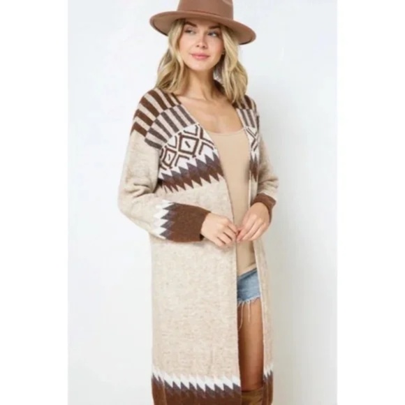 Taupe & Brown Aztec Tribal Western Boho Long Open Knit Cardigan Casual Sweater - Picture 8 of 8